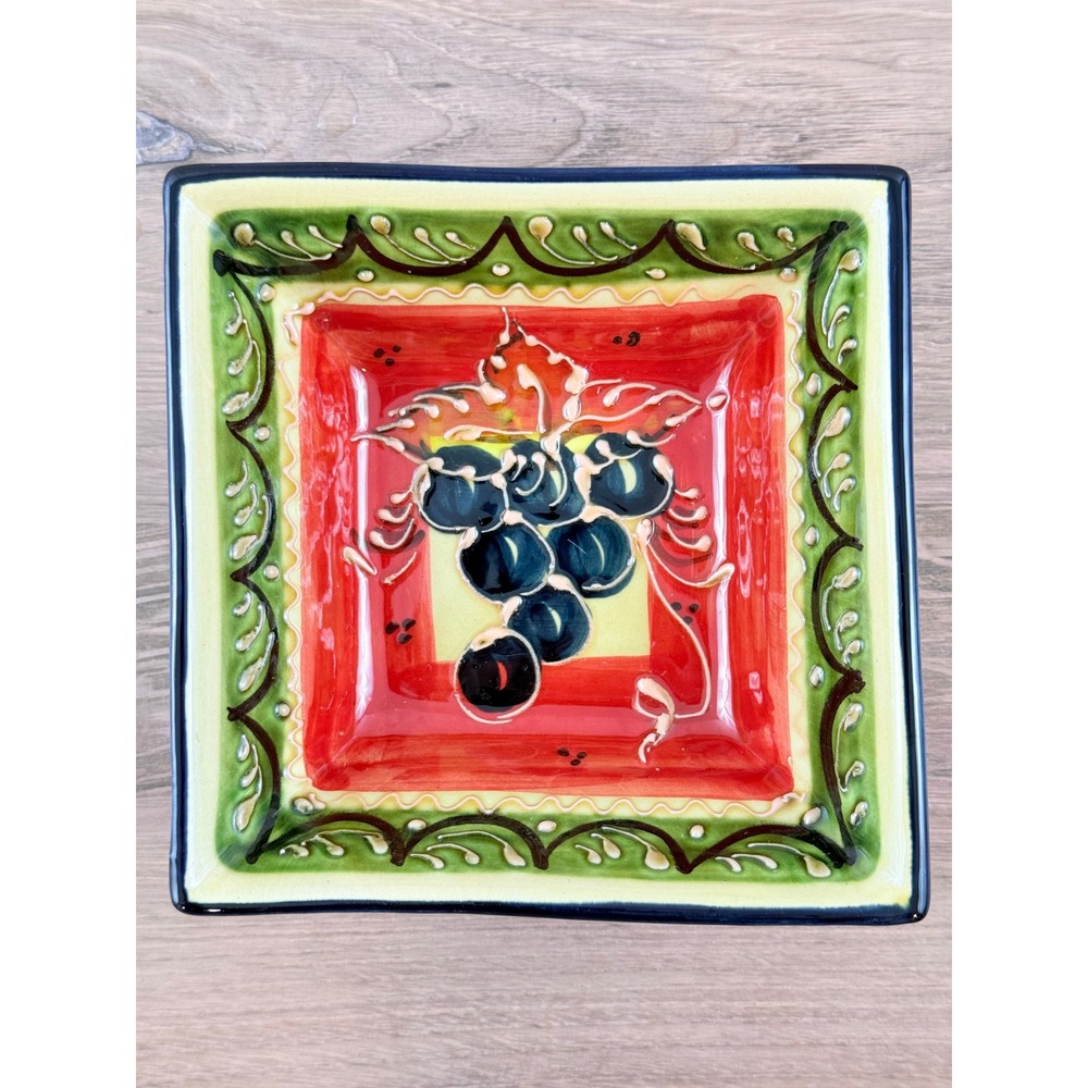 Hand Painted Glazed Embossed Italian Grape Motif Square Condiment Bowl 5 5/8in